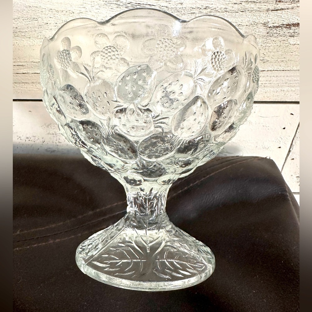 70’s Strawberry Flower Pedestal Glass Dishbowl pair Czech Libochovice glassworks